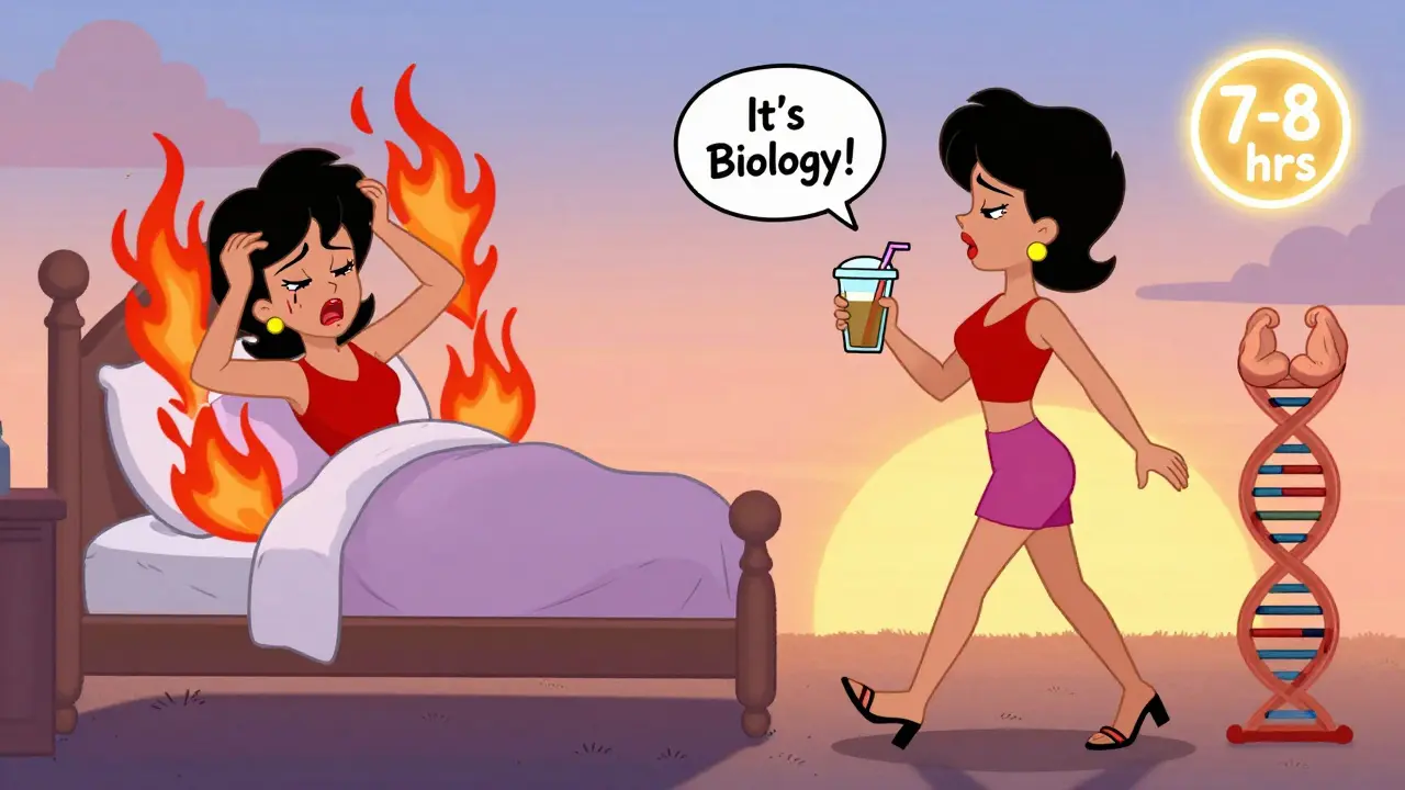 Split scene: one side shows sleepless hot flashes, the other shows calm walking with a protein shake and sleep badge under a sunset.