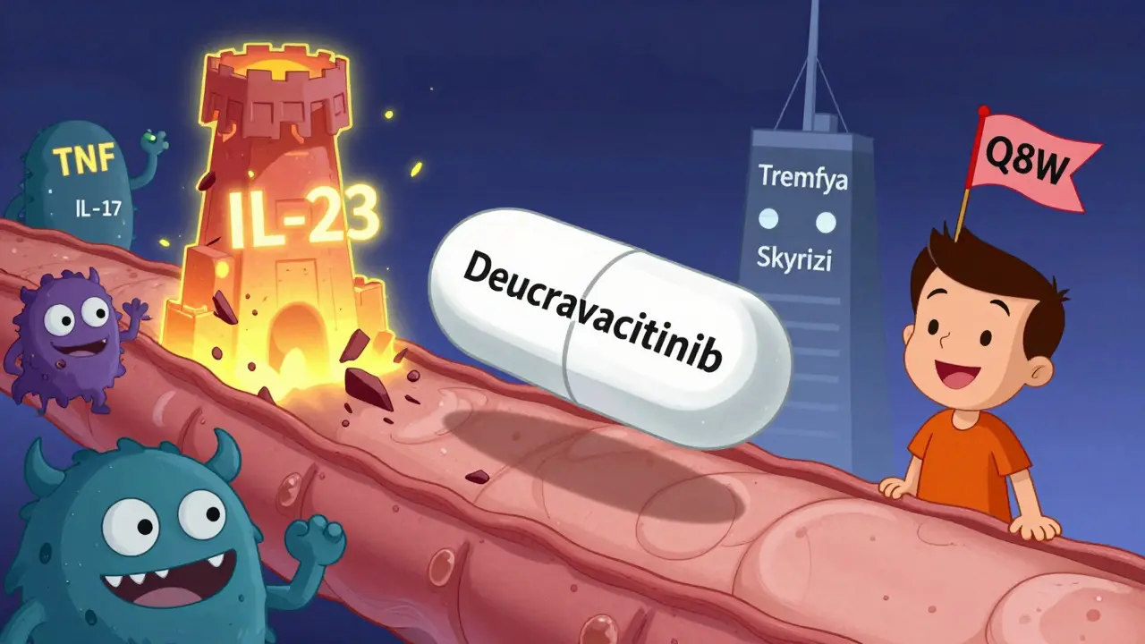 Superhero pill defeating inflammation monsters in a body landscape, with IL-23 fortress crumbling and skin clearing
