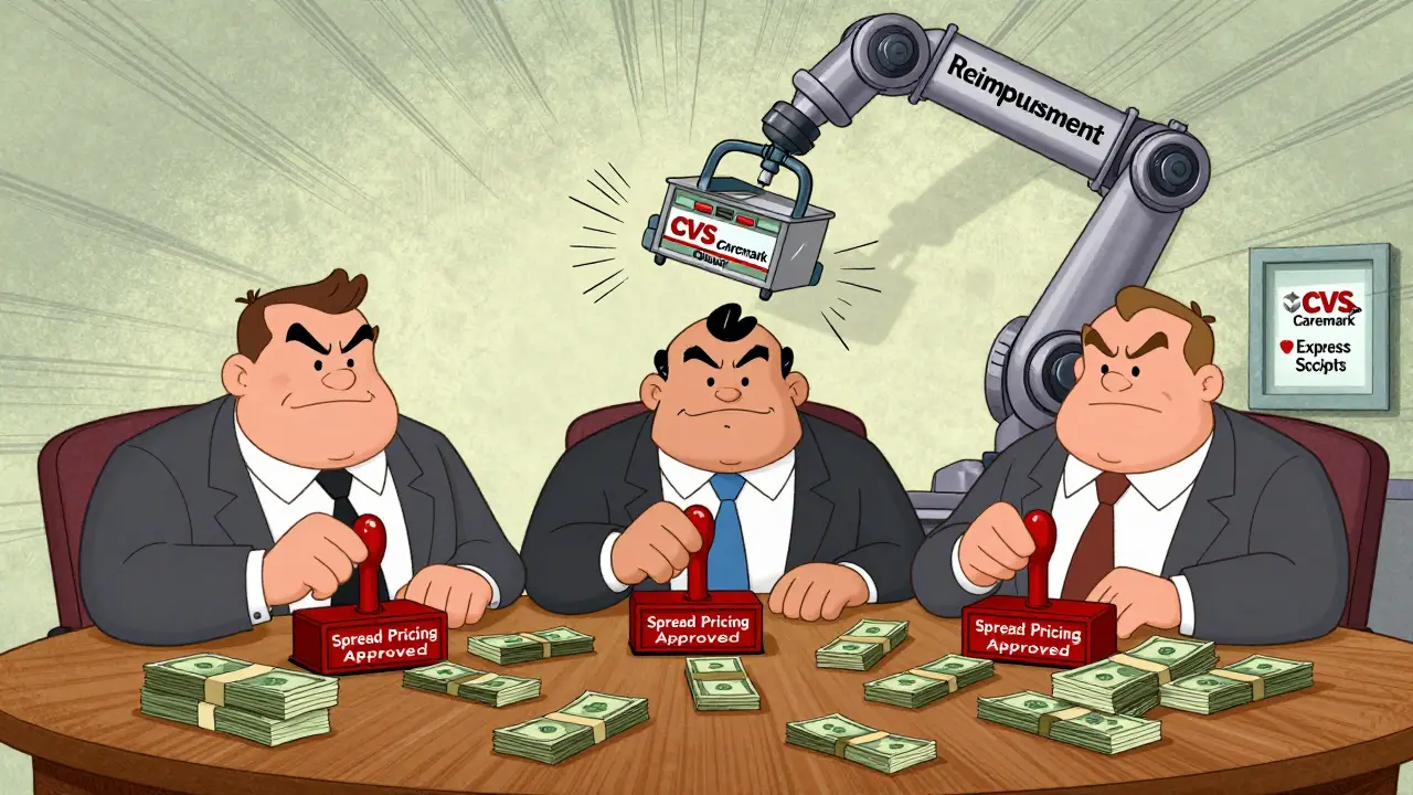 Three corporate executives stamp 'Spread Pricing Approved' as a mechanical arm crushes a small pharmacy.