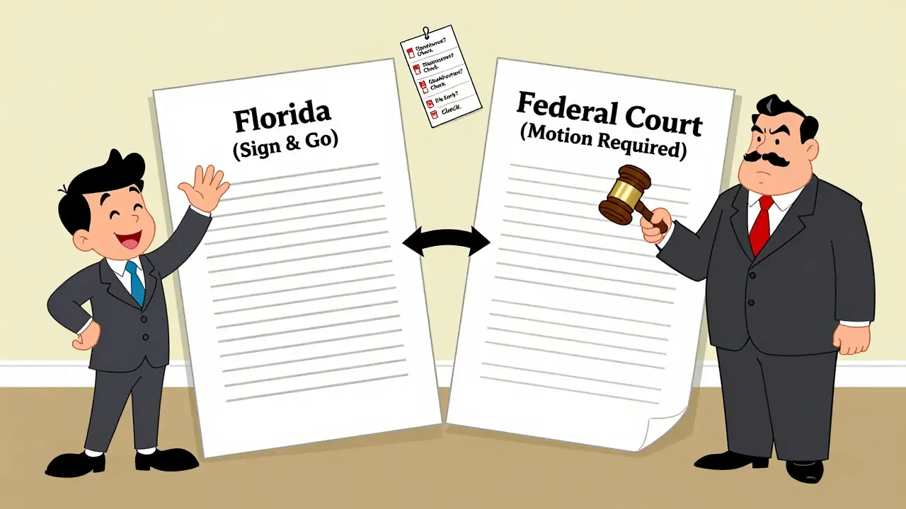 Three lawyers debating state vs federal substitution procedures with contrasting paths and a floating checklist.