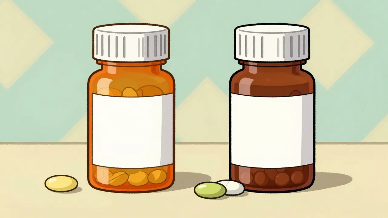 Two illustrated pill bottles shown side by side representing medication types.