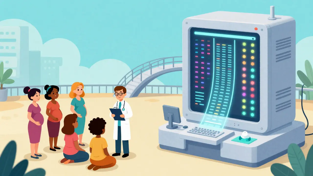 A cartoon illustration of a research group connected to a large data mainframe.