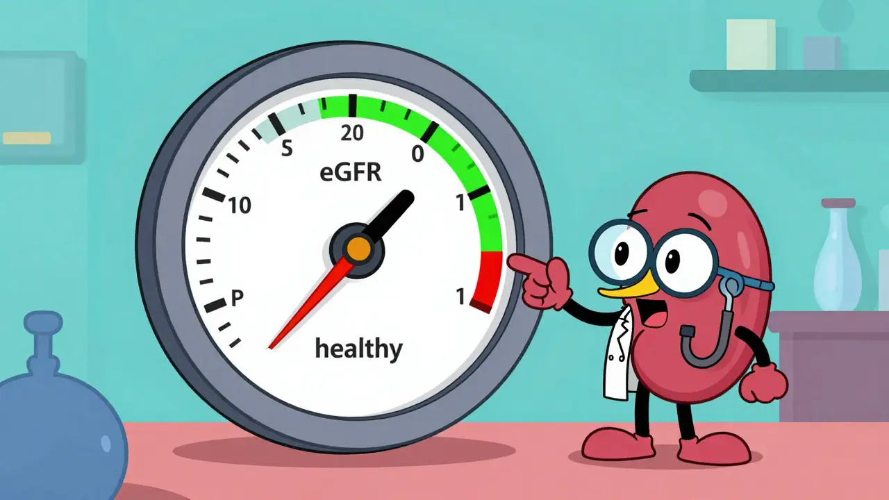 Anthropomorphic kidney doctor pointing to an eGFR speedometer gauge.