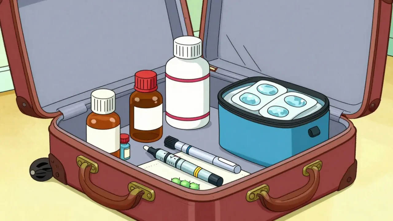 Cartoon carry-on luggage containing original pharmacy bottles and a small medical cooler.