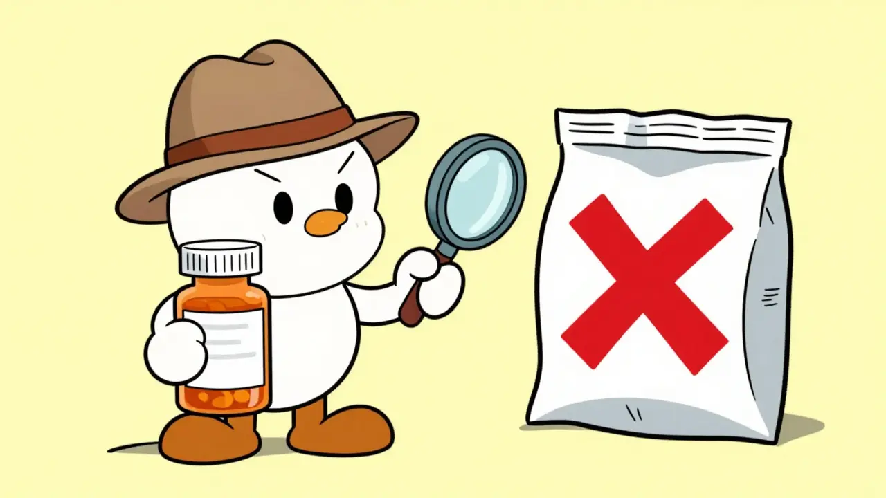 Cartoon character examining a pharmacy label and rejecting unsafe packaging.