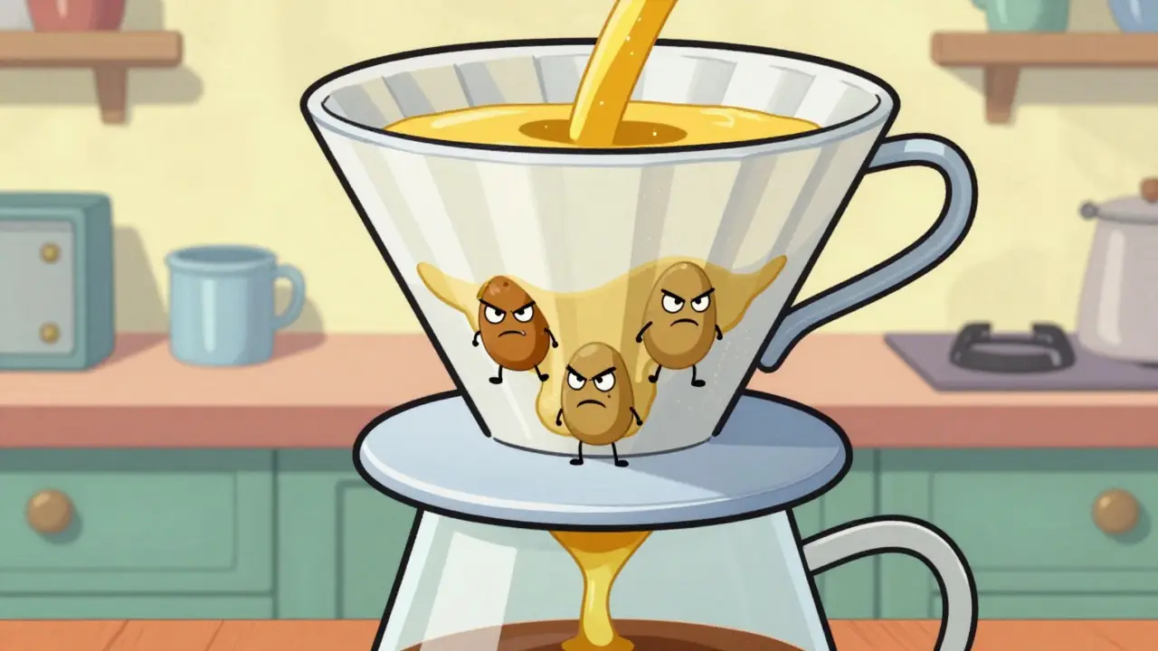 Cartoon coffee filter showing protein characters leaking through a hole.