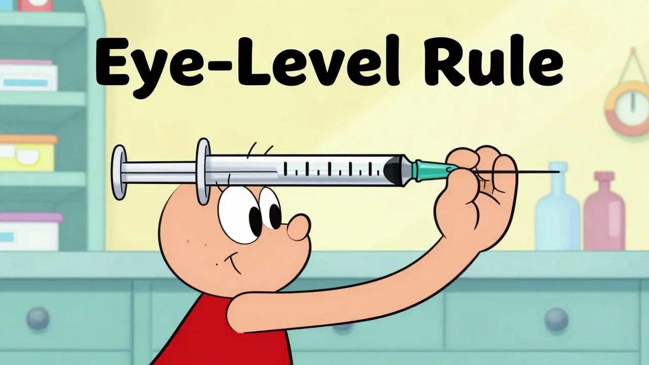 Cartoon showing the correct way to read a medication syringe at eye level.