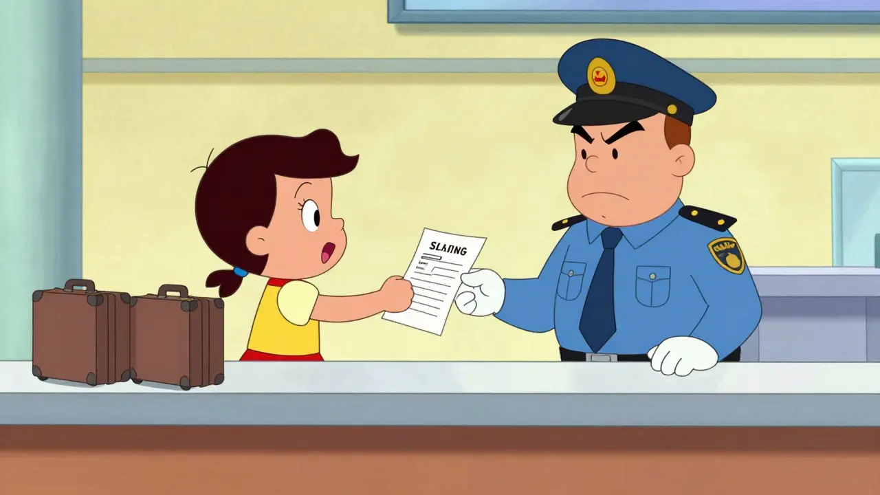 Cartoon traveler showing a doctor's note to a customs officer at the airport.