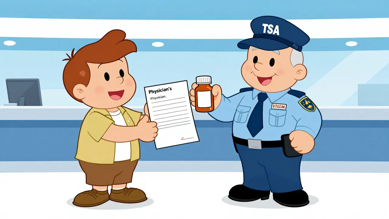 Cartoon TSA officer and traveler smiling while reviewing a doctor's note for medication.