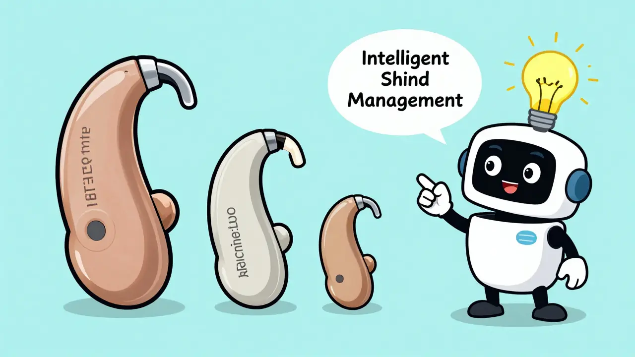 Different types of hearing aids and a friendly AI robot in a colorful illustration.