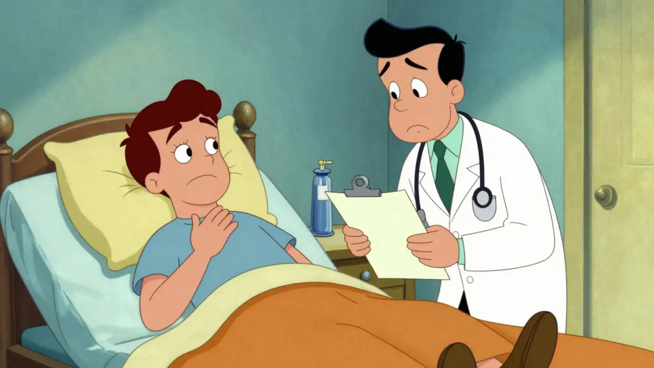 Doctor attending to a patient with throat swelling in animation style