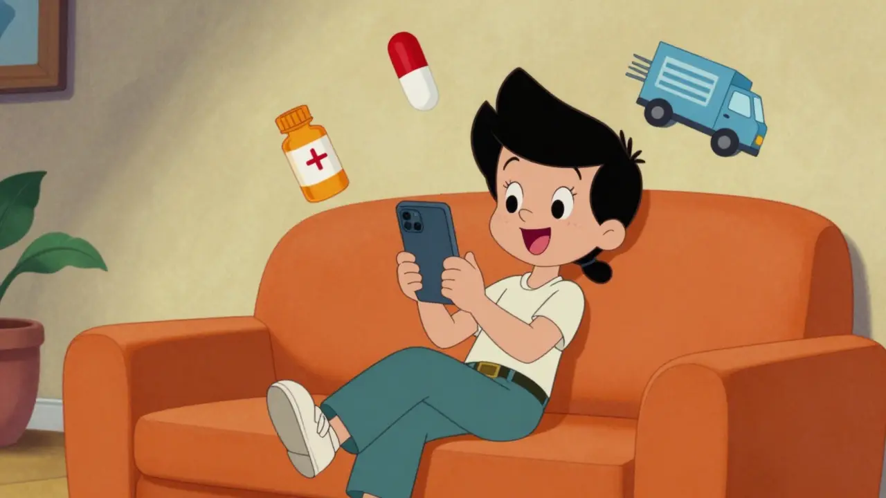 Happy person using a smartphone for telehealth and medication delivery.