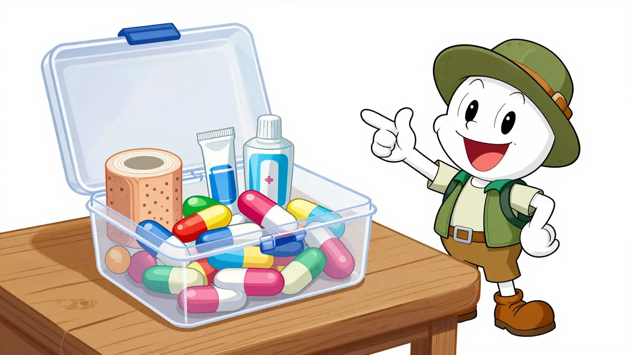 Illustrated open travel medication kit with bandages and pills in cartoon style.