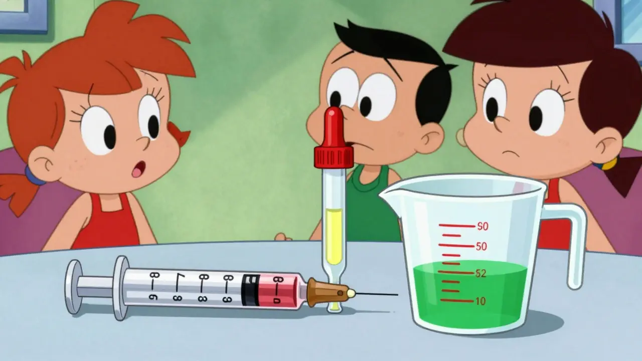 Illustration of various visual dosing tools including a syringe, dropper, and measuring cup.