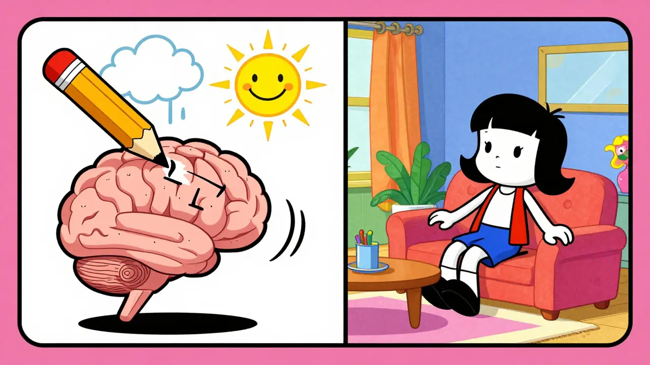 Illustrative split-screen showing a brain's nightmare being rewritten into a positive dream.