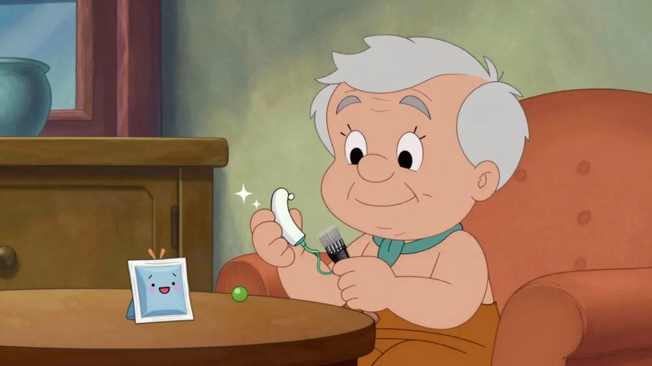 Person cleaning a hearing aid with a small brush in a classic cartoon living room.