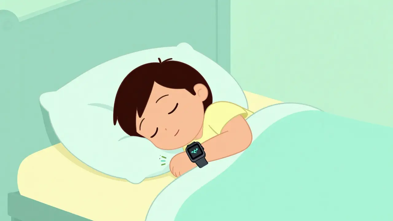 Person sleeping peacefully with a vibrating smartwatch on their wrist in cartoon style.