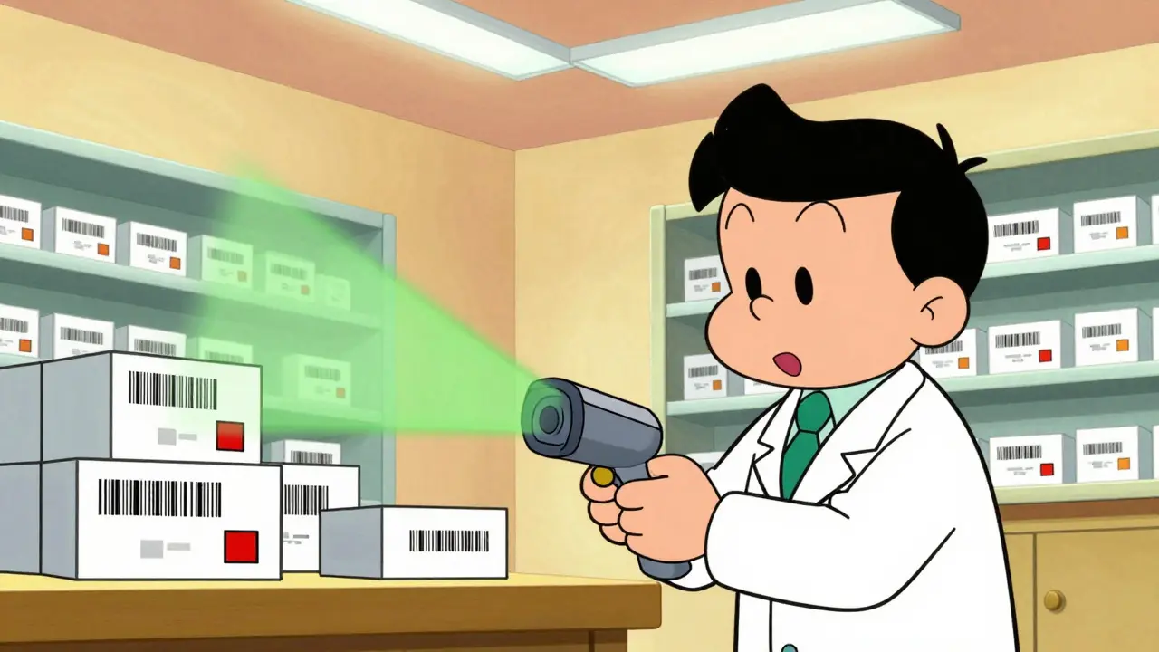Pharmacist scans medicine box with verification scanner checking barcode authenticity