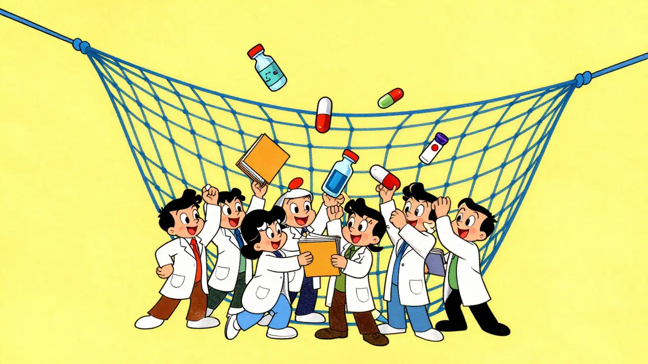Stylized researchers catching medical symbols in a giant safety net in a cartoon style.